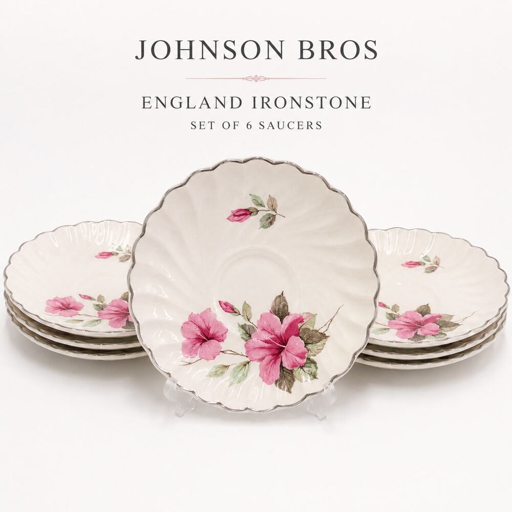 Johnson Bros England Ironstone Pink Floral Berry Saucers Silver Trim Set of 6